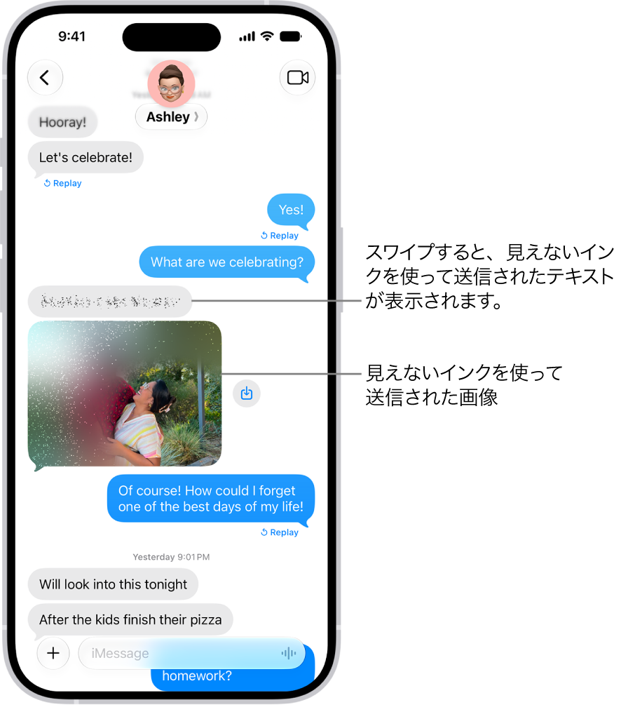 「メッセージ」のチャット。見えないインクのエフェクトを使って送信されたテキストメッセージと写真が含まれています。