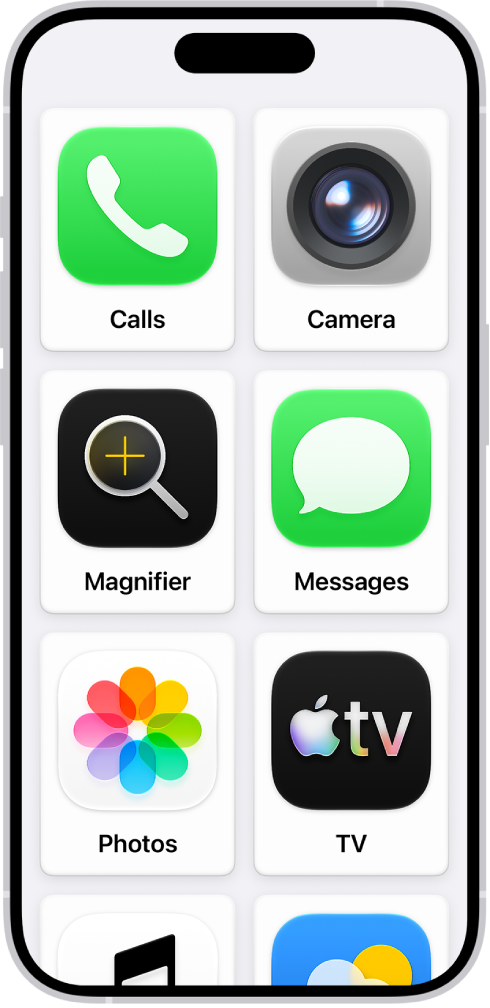 An iPhone showing the Assistive Access Home Screen with a large grid of apps.