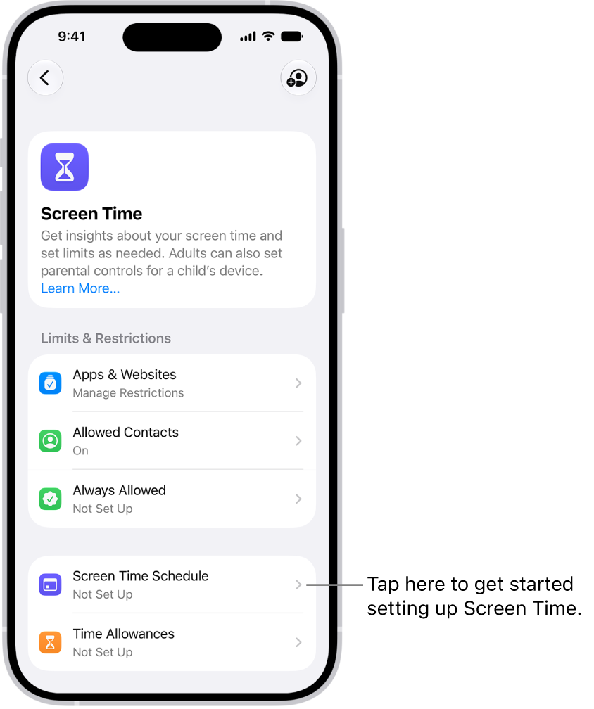 An image of Screen Time in Settings with options to set up Screen Time Schedules, Time Allowances, and more.