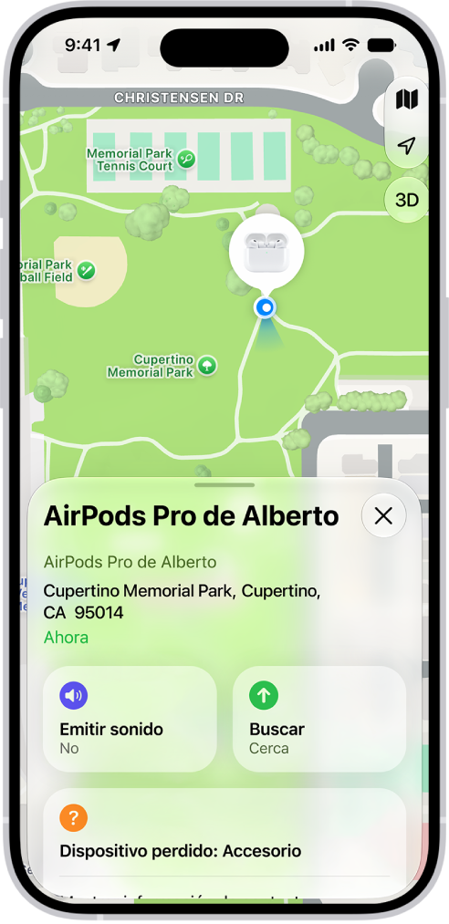 La pantalla de la app&nbsp;Encontrar en un iPhone. La ubicación de unos AirPods&nbsp;Pro se muestra en un mapa de Cupertino, junto con una dirección y las opciones Reproducir un sonido, Cómo llegar y Configuración.