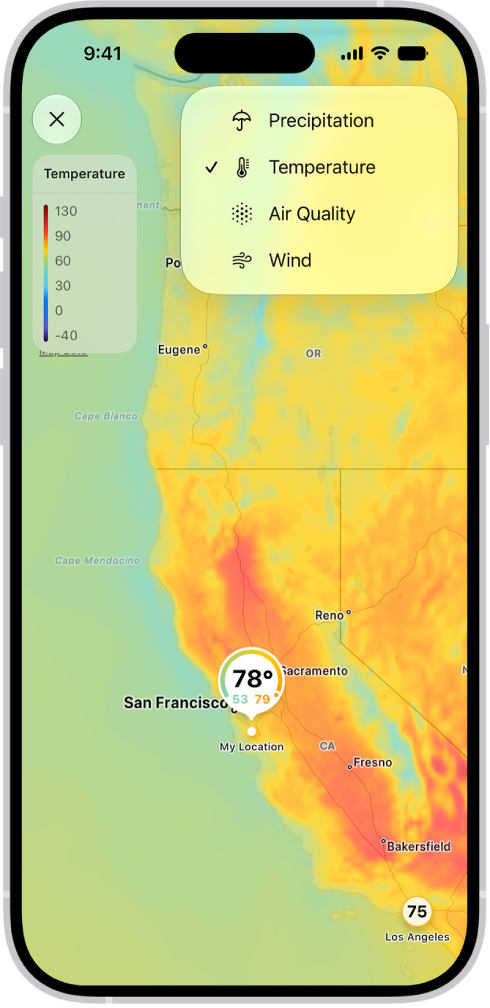 Un mapa del viento del océano llena la pantalla de la app Clima. El botón Cerrar mapa y la escala de sobreposición de mapa de viento están en la esquina superior izquierda. En la esquina superior derecha, de arriba abajo, se encuentran los botones Menú Sobrepuesto, Ubicación actual y Ubicaciones favoritas. La línea de tiempo se encuentra a lo largo de la parte inferior.