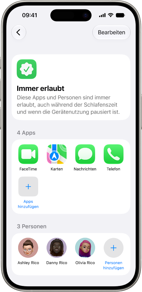 Der Bildschirm „Immer erlaubt“ in den Einstellungen für „Bildschirmzeit“ mit den Apps und Kontakten, die immer erlaubt sind.