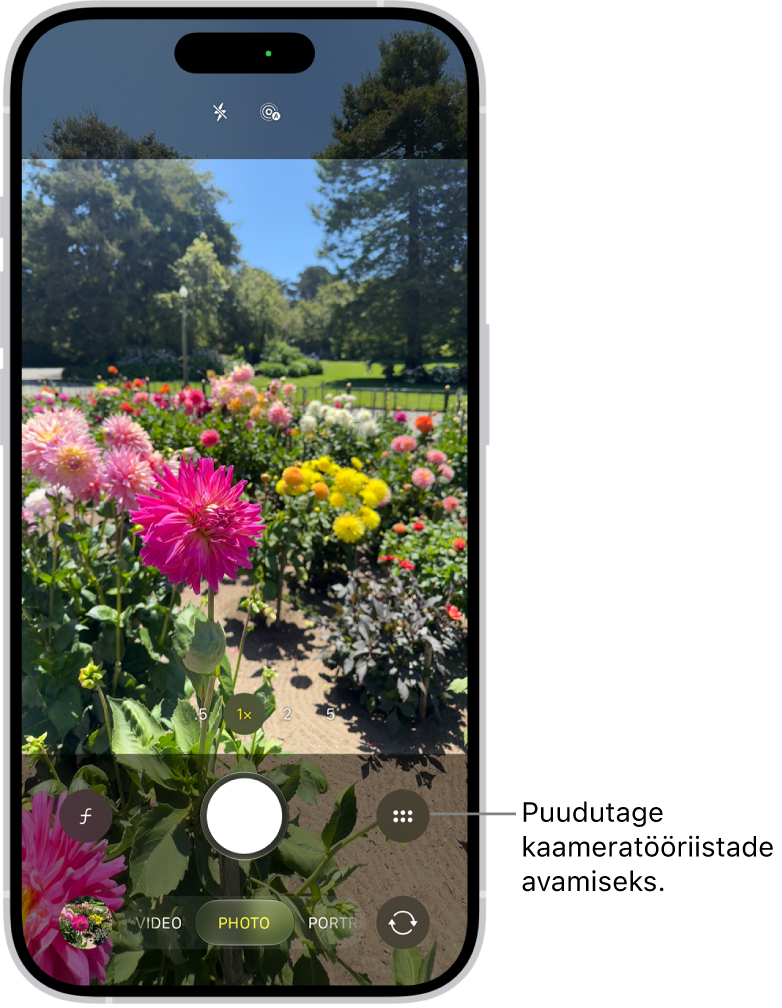 Rakendus Camera on avatud režiimis Photo. Ülemises paremas nurgas on nupp Camera Controls. Alumises vasakus nurgas on nupp Photo and Video Viewer. All keskel on nupp Take Picture ning all paremal nurgas on nupp Camera Chooser Back-Facing.