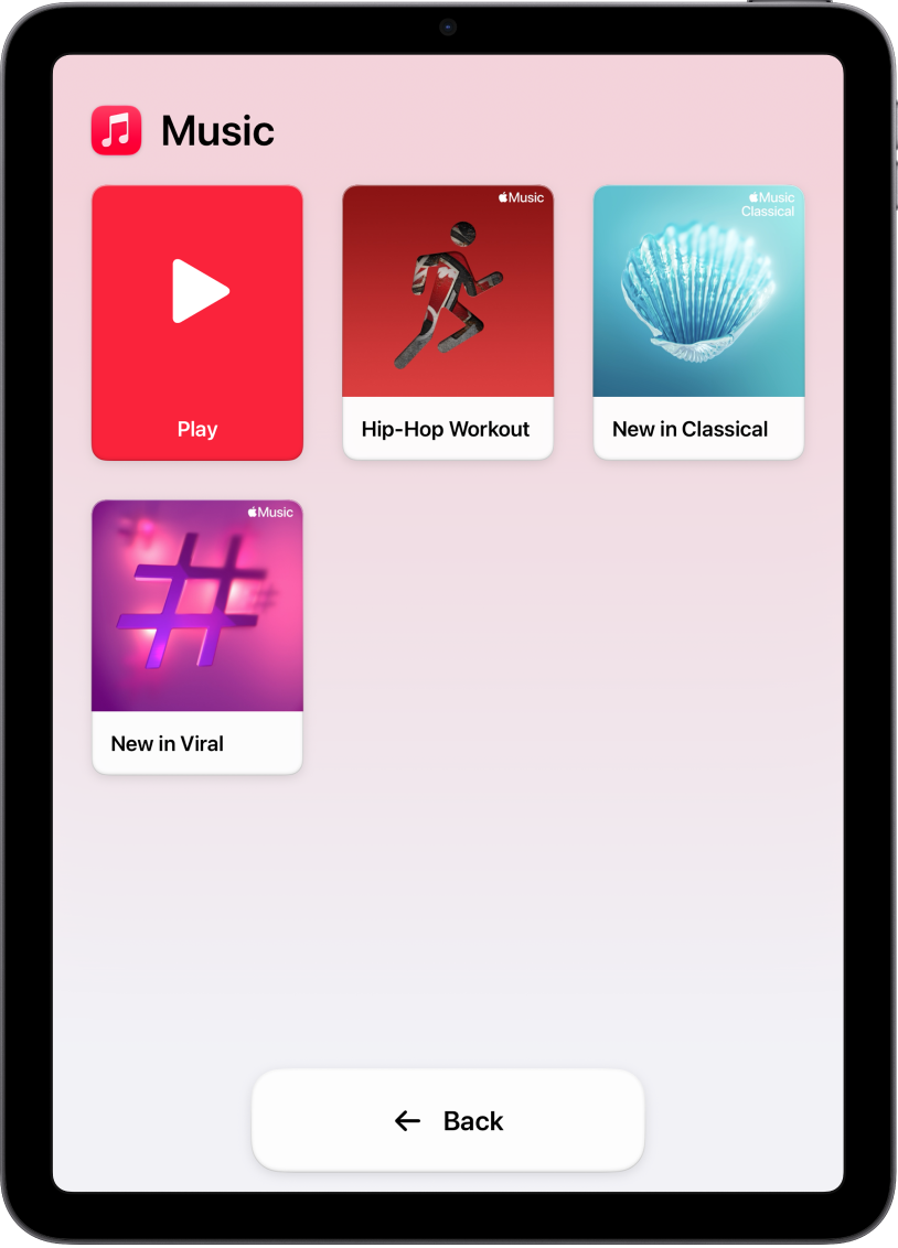 An iPad in Assistive Access with the Music app open. Three playlists, represented by large icons, fill the rest of the screen.