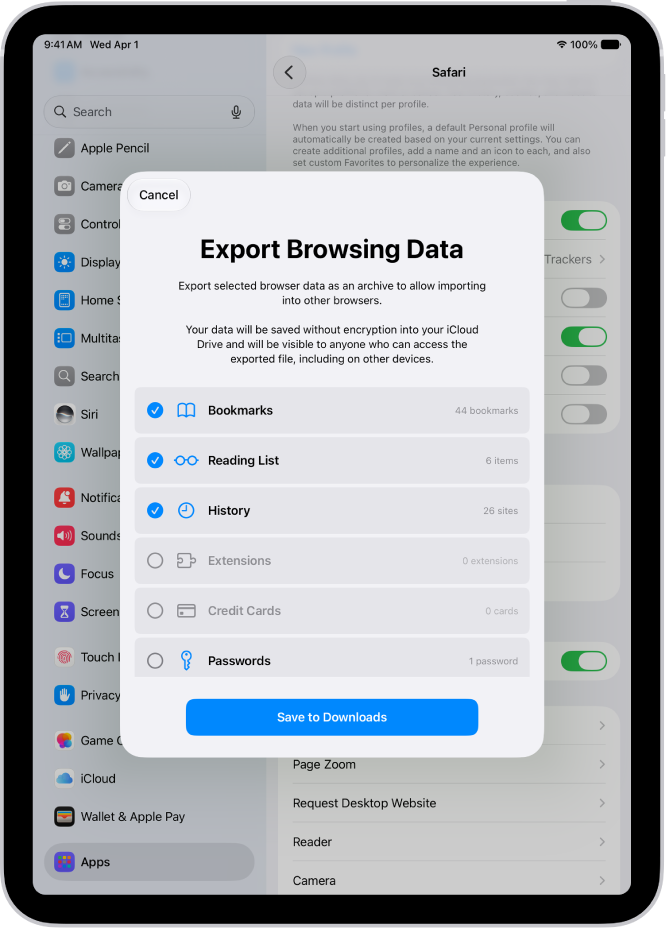 The Export Browsing Data screen, showing the data you can export from Safari to another browser.
