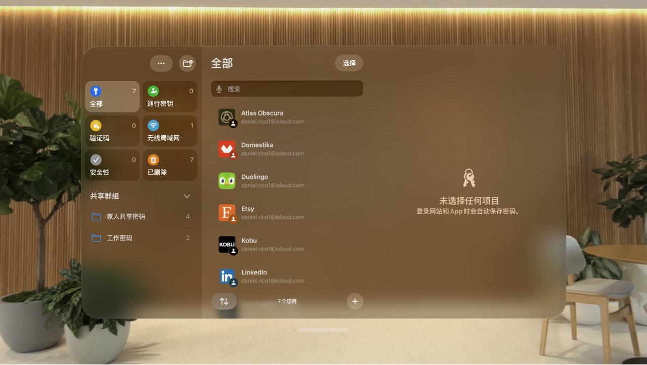 Apple&nbsp;Vision&nbsp;Pro 上的“密码” App。账户以字母顺序列出。