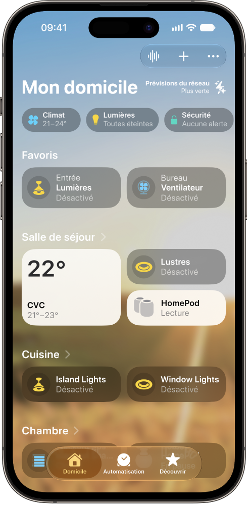 Un écran de l’app Maison affichant le HomePod comme accessoire.