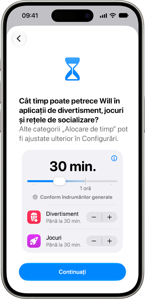 Ecranul de configurare a controalelor parentale afișând timpul permis în categorii de aplicații precum Rețele sociale și Divertisment.