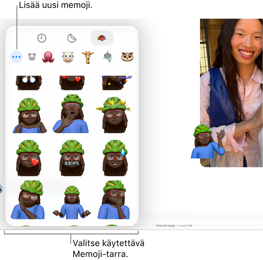 Viestit-ikkunassa näkyy Memoji-vaihtoehtoja ja Memoji-tarra viestissä.