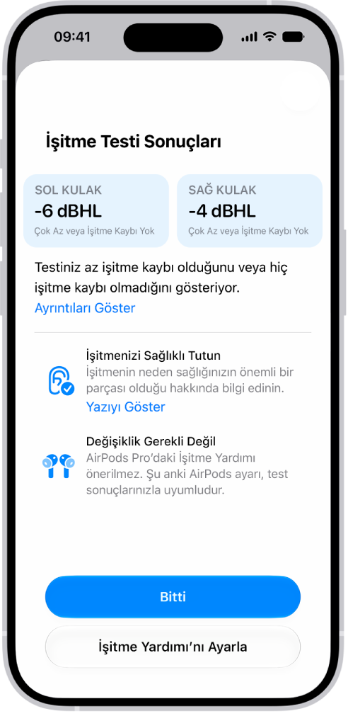 iPhone’daki İşitme Testi sonuçları, iki kulakta hafif işitme kaybı olduğunu ya da hiç işitme kaybı olmadığını gösteriyor. Bitti’ye dokunma ve İşitme Yardımı’nı ayarlama seçenekleri en altta.