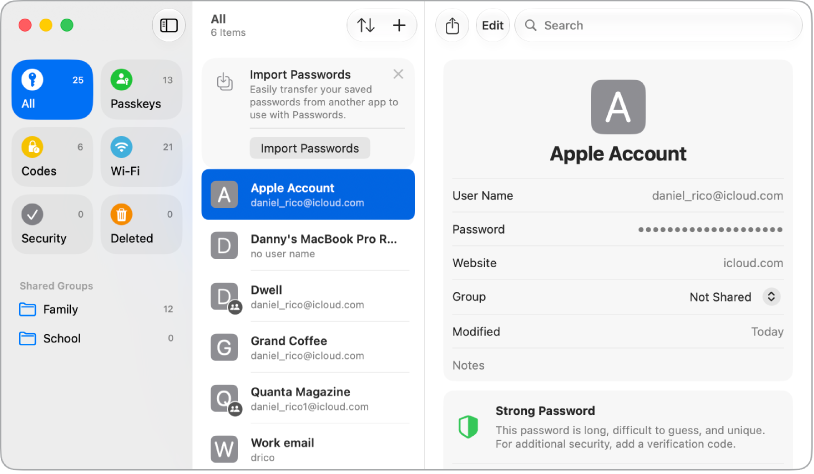 A Passwords app window with a sidebar of password categories, a list of saved accounts, and the details of a selected account.