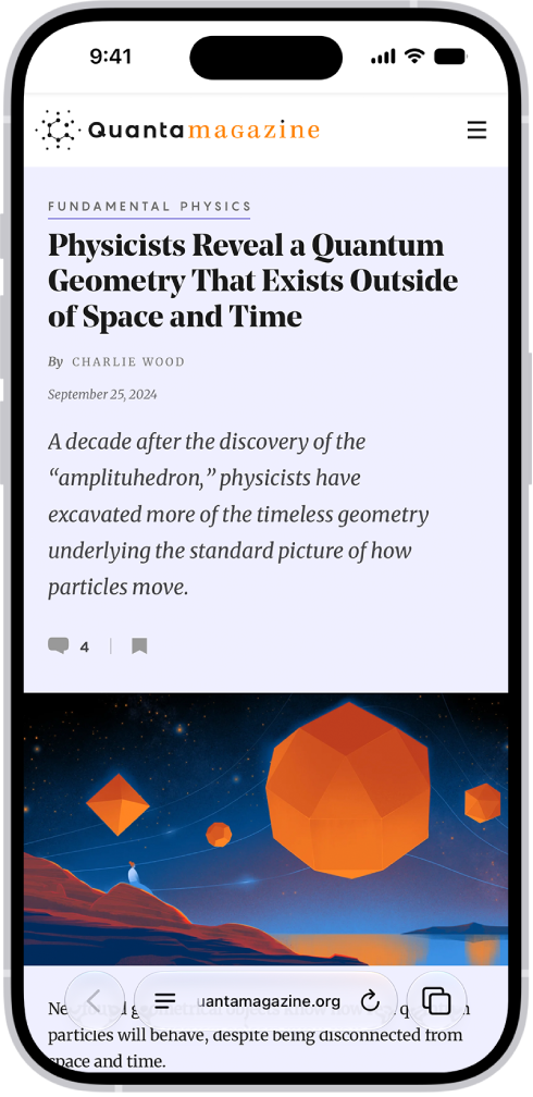 A website open in Safari, with the Compact tab layout. At the bottom, from left to right, are the Back button, Page menu button, search field, Reload button, and More button.