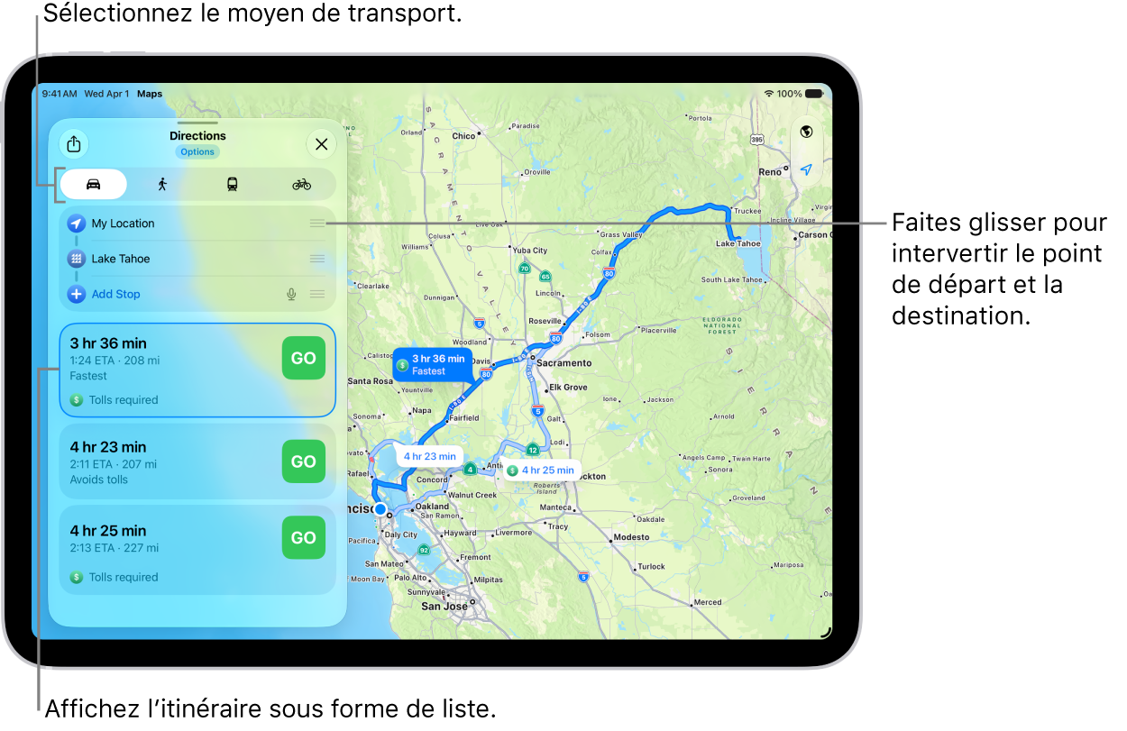 Un plan avec plusieurs itinéraires possibles en voiture entre «&nbsp;Ma position&nbsp;» et une destination.