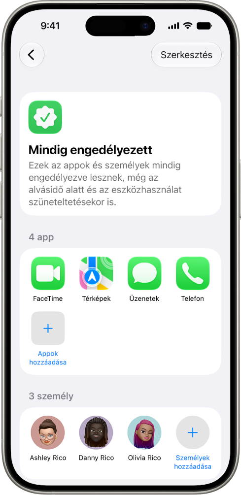 A Képernyőidő beállításaiban található Mindig engedélyezett képernyőn láthatók azok az appok és kontaktok, amelyek mindig engedélyezettek.