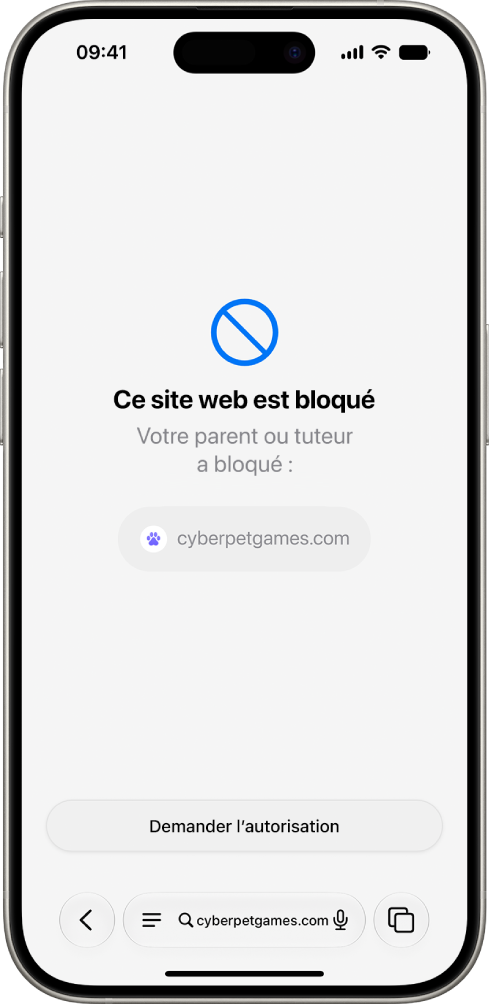 L’écran «&nbsp;Demander l’accès&nbsp;» affichant un site web bloqué dans Safari avec une option permettant de demander l’autorisation de le consulter.