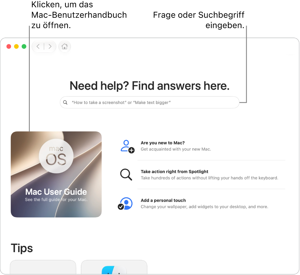 Die Startseite der App „Tipps“ zeigt das Mac&nbsp;– Benutzerhandbuch, das Suchfeld sowie empfohlene Themen.