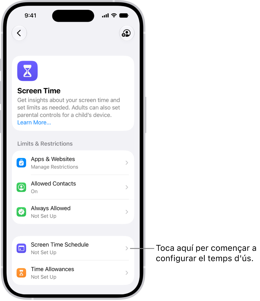 Imatge del temps d’ús a la configuració amb opcions per configurar horaris de temps d’ús, límits de temps i molt més.