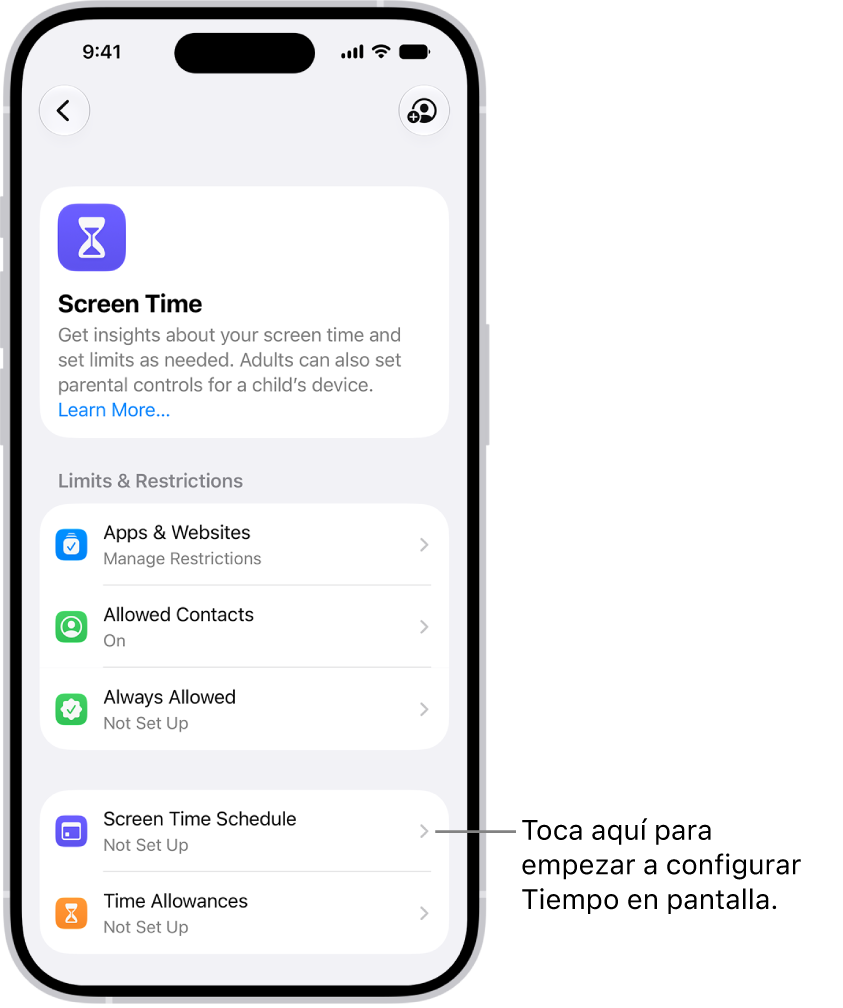 Una imagen de la configuración de Tiempo en pantalla con opciones para configurar horarios, límites de tiempo y más.