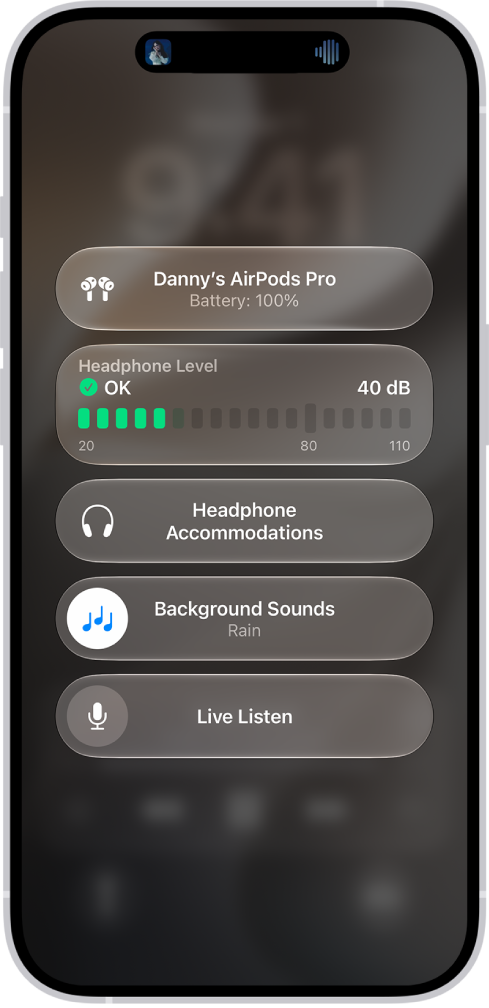 The Hearing Devices screen in Control Center. From top to bottom, it includes the Headphone Level in decibels, Hearing Assistance, Background Sounds, and Live Listen.
