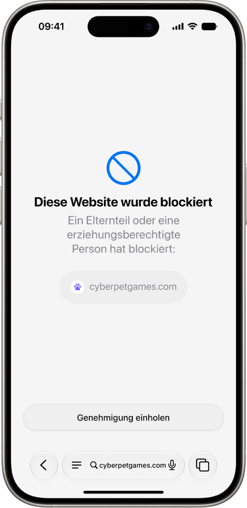 Der Bildschirm „Zum Surfen anfragen“ mit einer blockierten Website in Safari und der Option, um die Erlaubnis zum Anzeigen zu bitten.