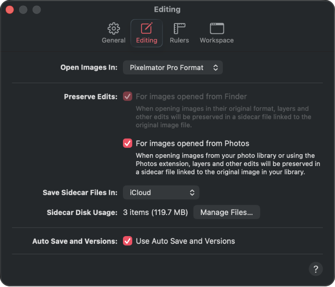 The Editing settings pane.