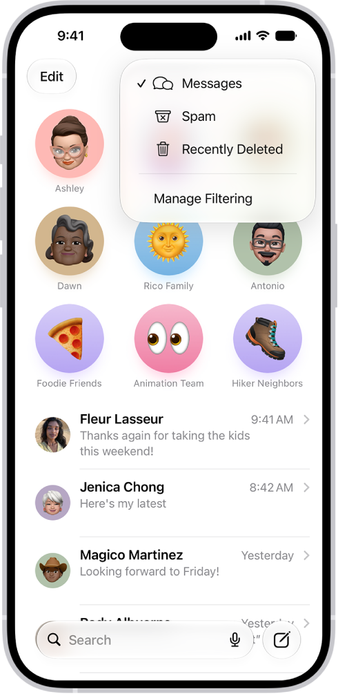 A conversation list in Messages. All messages are shown, because no filter is selected in the Filter menu.