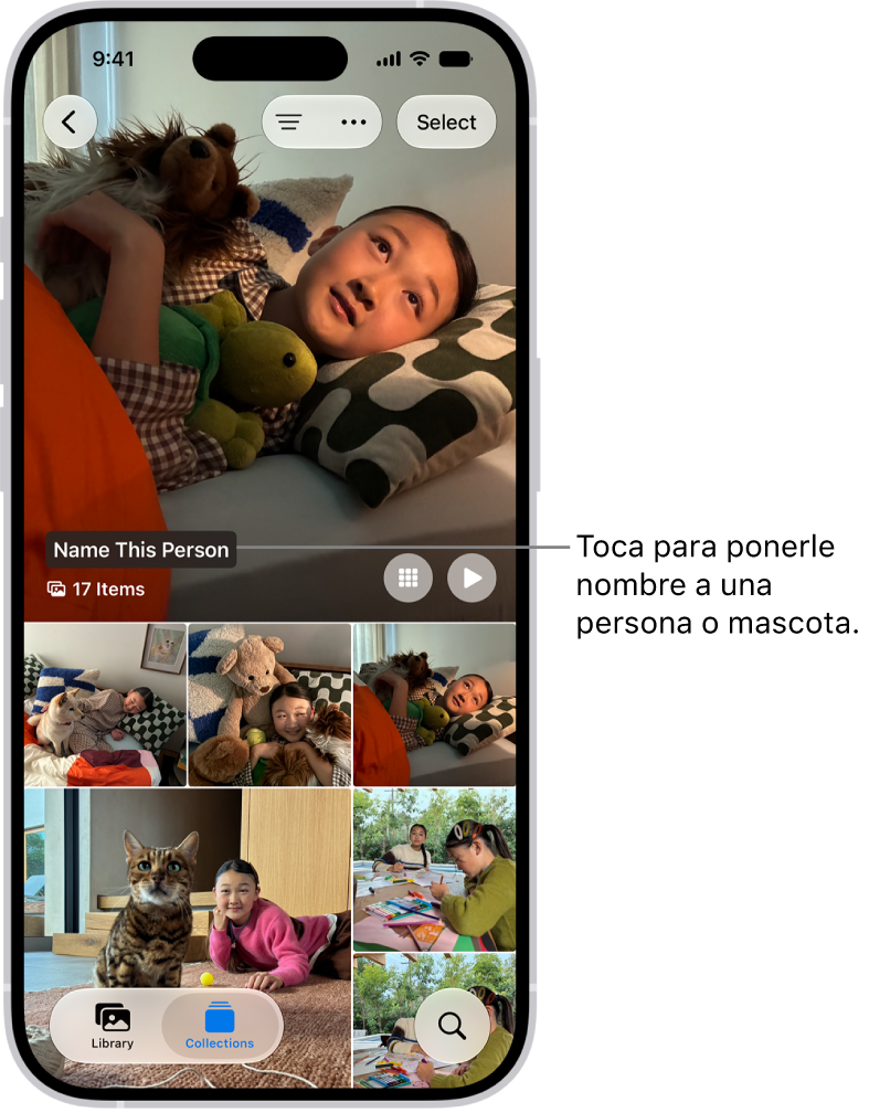 La colección “Personas y mascotas” de la app Fotos. En la parte superior aparecen los grupos y, debajo, las personas y mascotas.