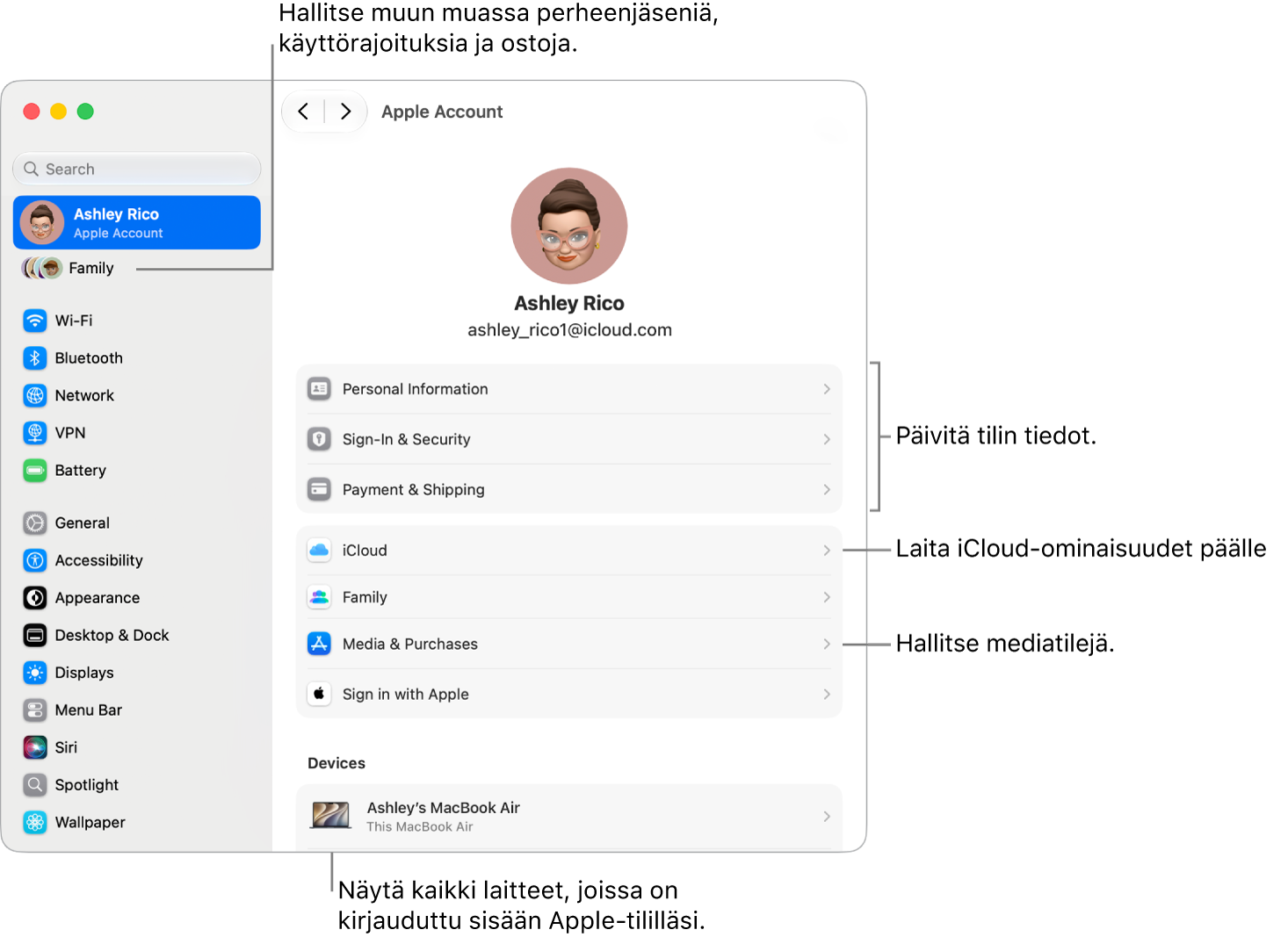 Järjestelmäasetusten Apple-tili-asetukset ja selitteet tilin tietojen päivittämiseen, iCloud-ominaisuuksien laittamiseen päälle tai pois päältä sekä mediatilien hallintaan. Lisäksi Perhe-asetukset, joissa voit hallita perheenjäseniä, käyttörajoituksia, ostoja ja muita ominaisuuksia.