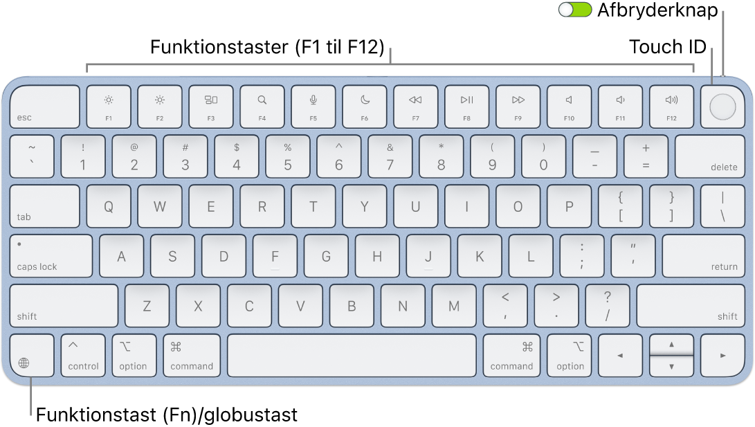 Magic Keyboard med Touch ID, som viser rækken med funktionstaster og Touch ID øverst samt Funktionstasten (Fn)/globustasten i nederste venstre hjørne.