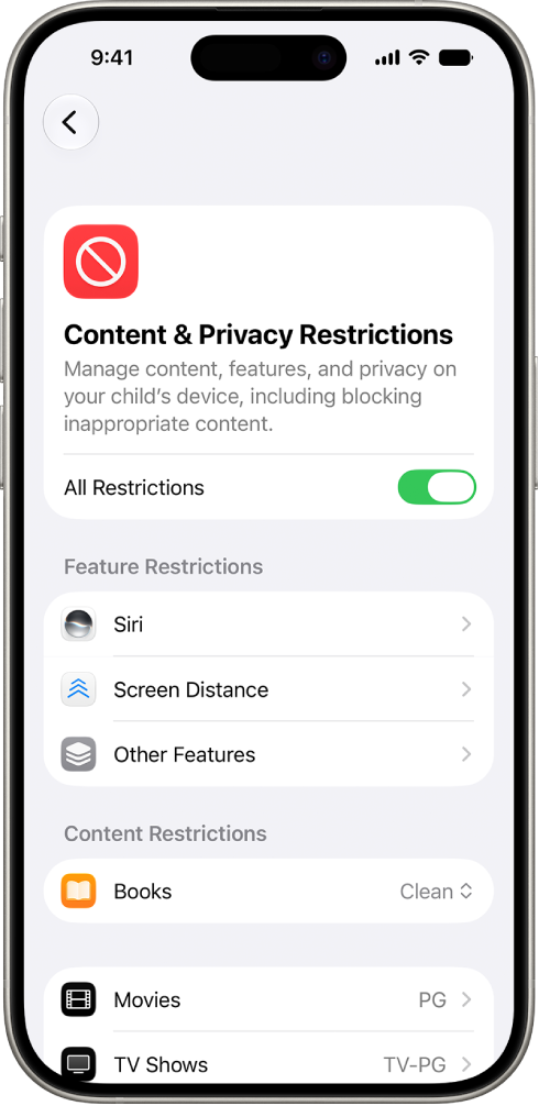 The Content and Privacy Restriction screen in Screen Time showing options for Feature and Content Restrictions.