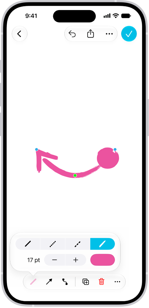 A connection line on a Freeform board, with blue and green dots for changing the shape and arc.
