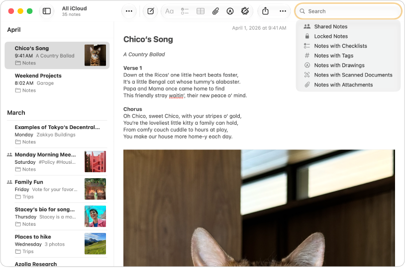 A Notes app window on Mac with an active search field. Suggested Searches appear, including Shared Notes, Locked Notes, and more.