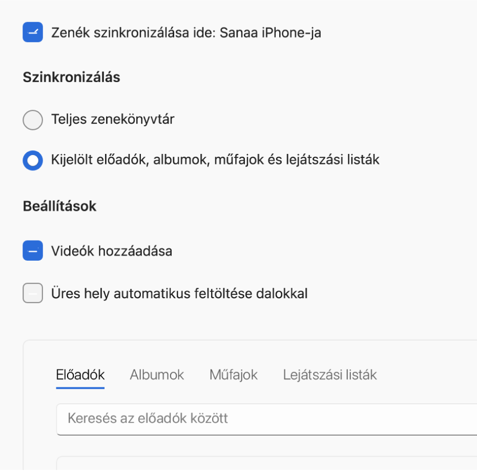 Az Apple Devices ablakában a zenék szinkronizálásával kapcsolatos lehetőségek láthatók.