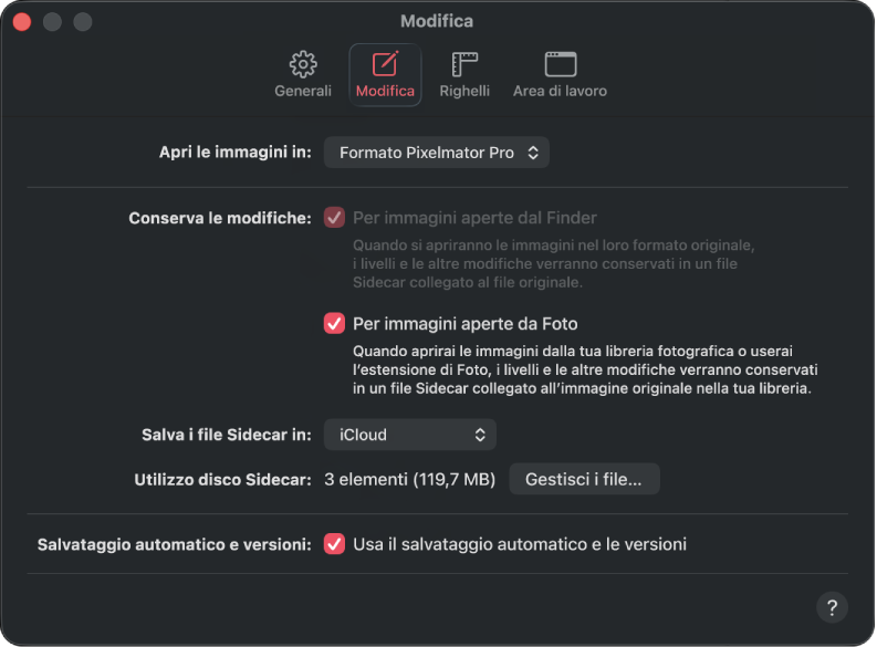 Il pannello delle impostazioni di modifica.