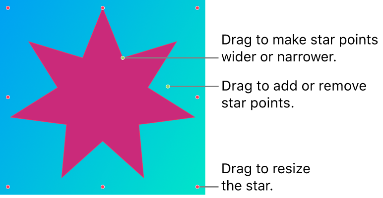 A vector graphic in the shape of a star with onscreen handles for modifying it.