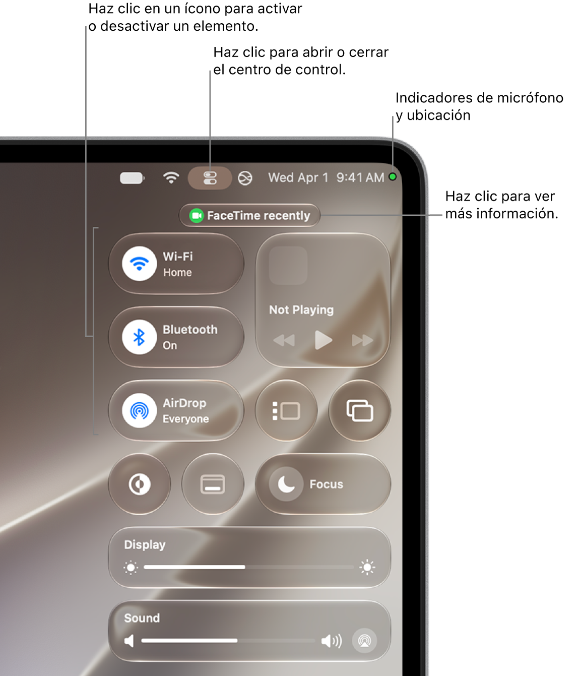 El centro de control está en la porción superior derecha de la pantalla, y muestra los controles de Wi-Fi, Enfoque, Sonido y Ahora suena, entre otros.