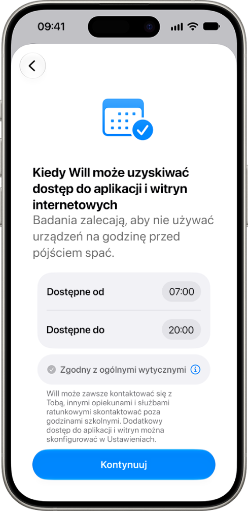 Ekran konfiguracji nadzoru rodzicielskiego pokazujący godziny, w&nbsp;których dziecko ma dostęp do swojego urządzenia.
