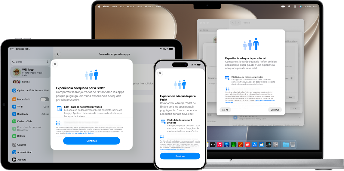 La pantalla de configuració de la funció per compartir les franges d’edat amb les apps a l’iPhone, l’iPad i el Mac.