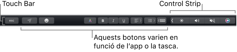 La Touch&nbsp;Bar, situada a la part superior del teclat, mostra la Control&nbsp;Strip contreta, a la dreta, i botons que varien segons l'app o la tasca.