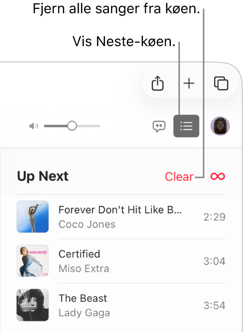 Neste-knappen øverst til høyre på Apple Music er markert og Neste-køen er synlig. Klikk på Fjern-lenken øverst i listen for å fjerne alle låter fra køen.