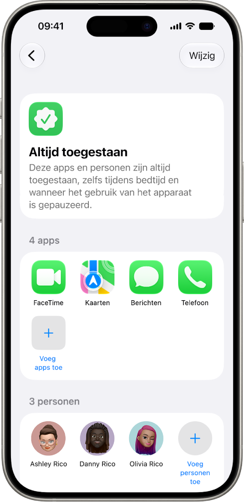 Het scherm 'Altijd toegestaan' in de instellingen voor 'Schermtijd' met apps en contacten die altijd zijn toegestaan.