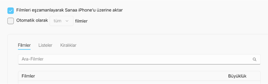 “Filmleri [aygıt adı] aygıtına eşzamanla” onay kutusu seçilidir, “Otomatik olarak dahil et:” açılır menüsü bunun altındadır.