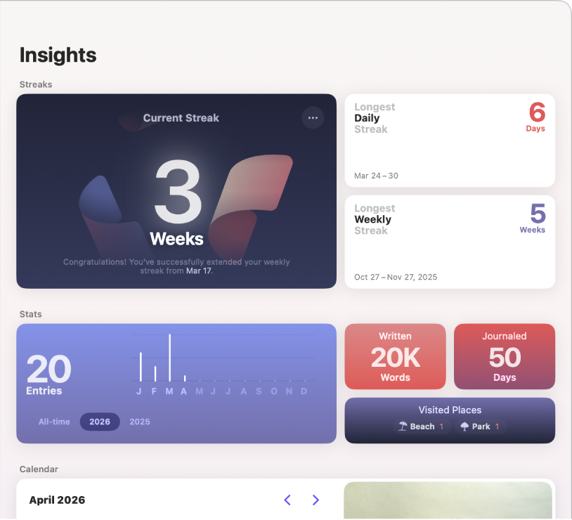 A screen in the Journal app showing the Insights summary with various metrics, like number of words written.