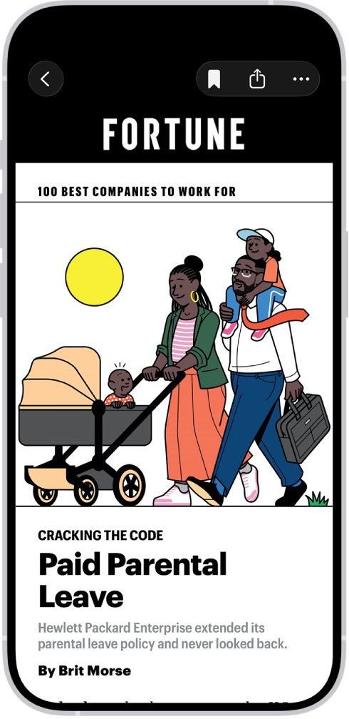 Un article d’Apple&nbsp;News. En haut à gauche de l’écran se trouve le bouton Retour permettant de retourner dans la section des actualités économiques. En haut à droite se trouvent les boutons Enregistrer, Partager et Plus.