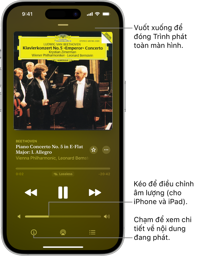Một iPhone đang hiển thị màn hình Đang phát trong Apple Music Classical. Ở đầu màn hình là một thanh màu xám mà bạn chạm vào để ẩn màn hình Đang phát và chuyển đổi trở lại MiniPlayer. Bên dưới thanh là một hình minh họa album, tên của tác phẩm và dòng thời gian cho biết thời lượng của bản nhạc và khoảng thời gian đã trôi qua. Ở phần phía dưới của màn hình là các nút Bỏ qua về phía sau, Tạm dừng và Bỏ qua về phía trước, điều khiển âm lượng, cũng như các nút Thông tin, AirPlay và Phát tiếp theo.
