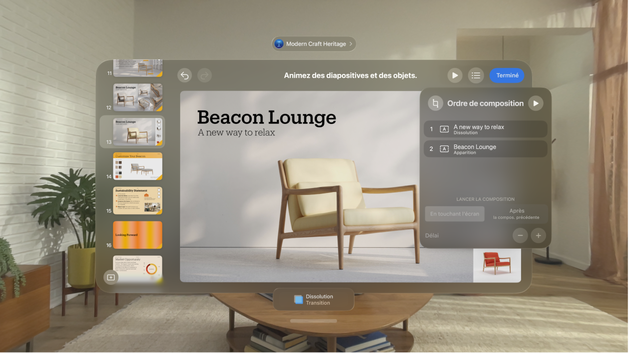 L’app Keynote sur l’Apple&nbsp;Vision&nbsp;Pro, affichant les réglages d’ordre de composition pour la diapositive actuelle.