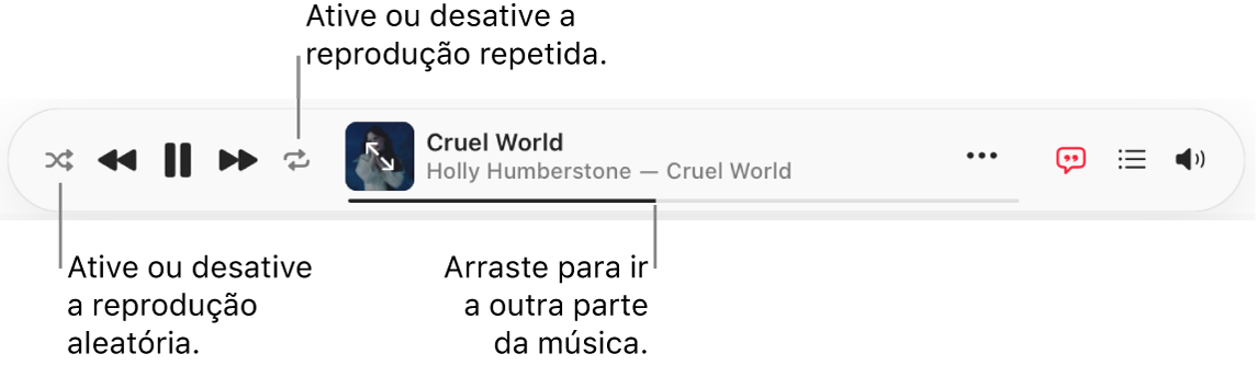 Parte superior do Apple Music com uma música sendo reproduzida. Os controles de reprodução estão do lado esquerdo.