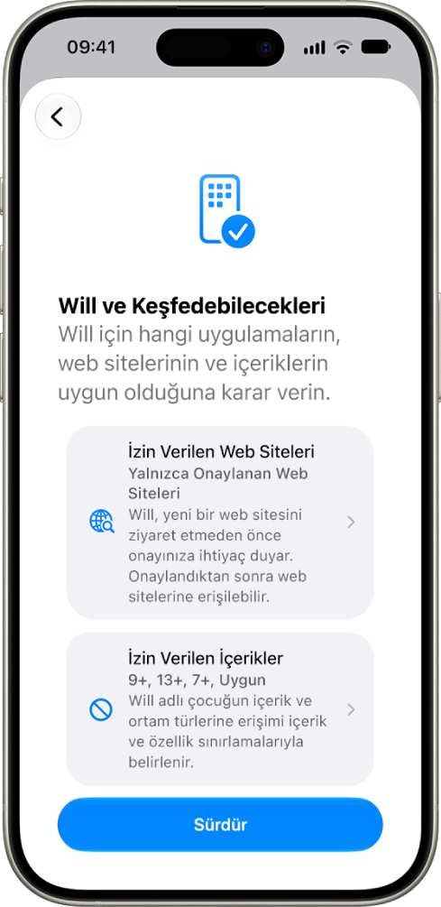 Uygulamalar ve web siteleri gibi erişilebilen içerik türü seçeneklerini gösteren ebeveyn denetimleri ayarlama ekranı.