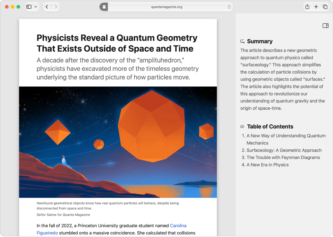 A Reader window showing a summary of a scientific article.