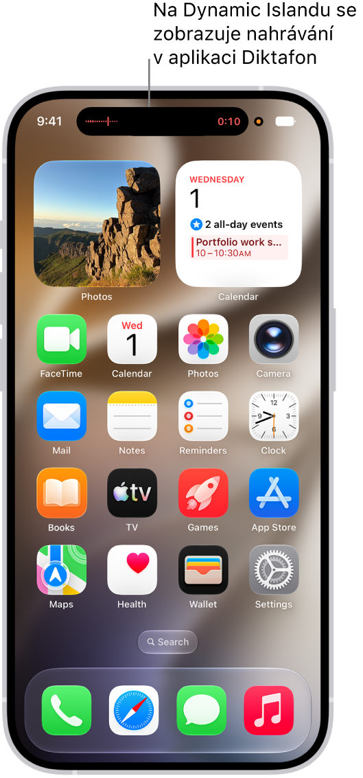 Plocha iPhonu s&nbsp;indikací živého nahrávání hlasového záznamu na panelu Dynamic Island u&nbsp;horního okraje displeje